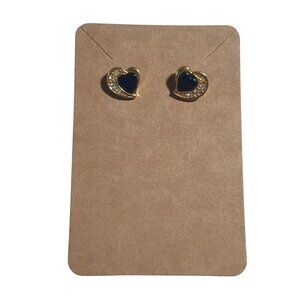 Vintage Stud Earrings Gold Tone Heart Black Enamel Clear Crystal Mom Gift